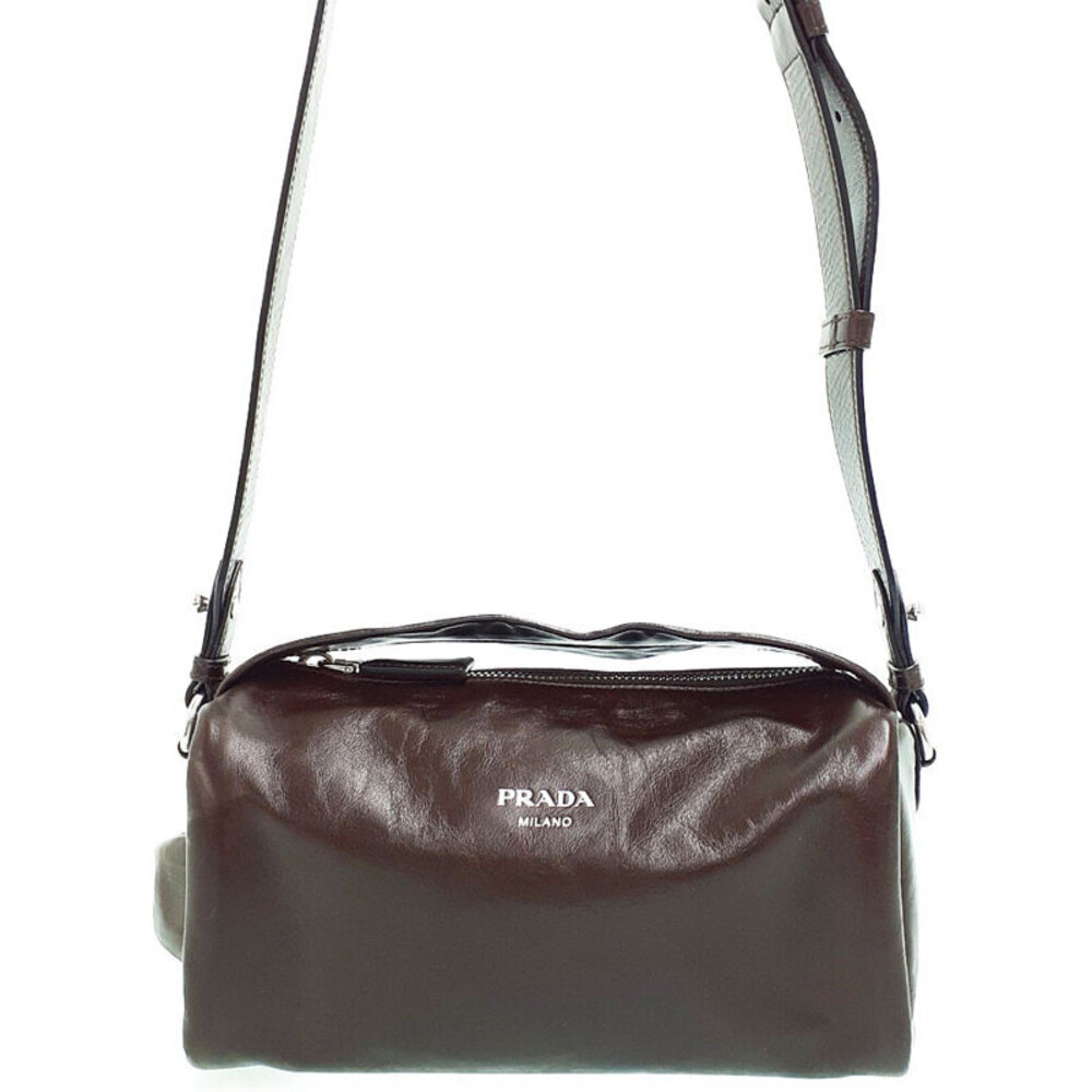 Prada Leather Shoulder Bag coffee brown shiny